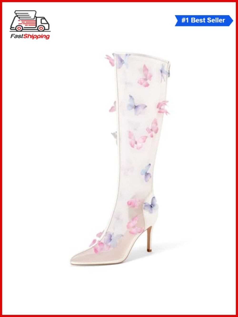 ✨ Clear Knee High Boots Butterfly Pointed Toe Stiletto Heels Mesh Back Zipper